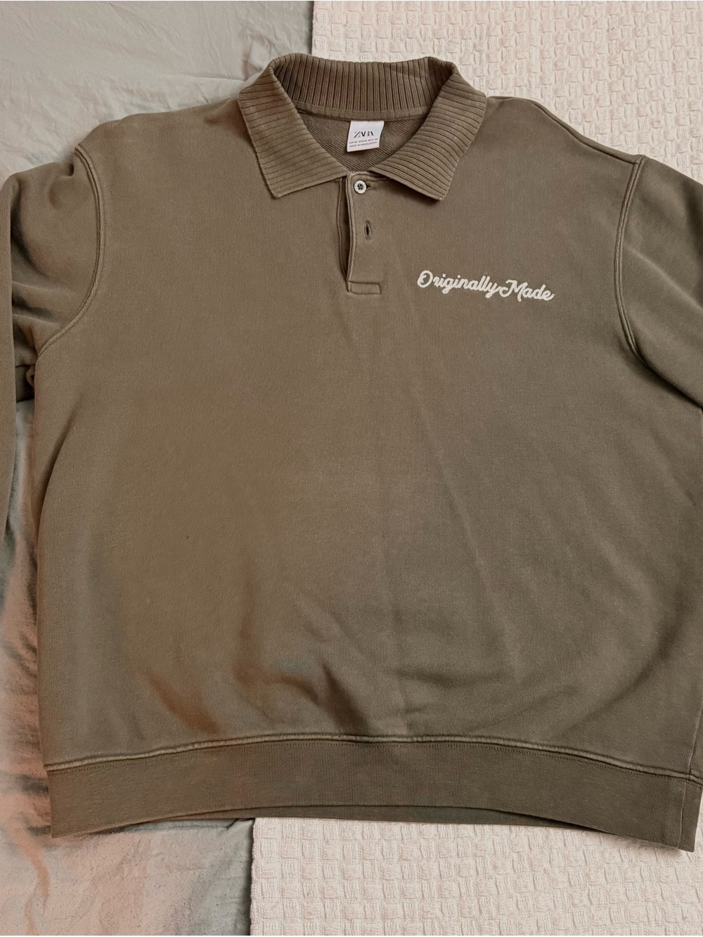 Zara Men Olive Green Polo Sweatshirt with 'Originally Made' Script